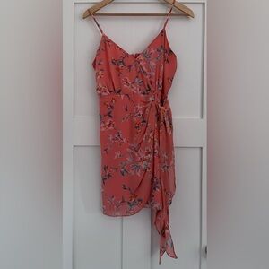 Lush Coral Floral Dress With Tie